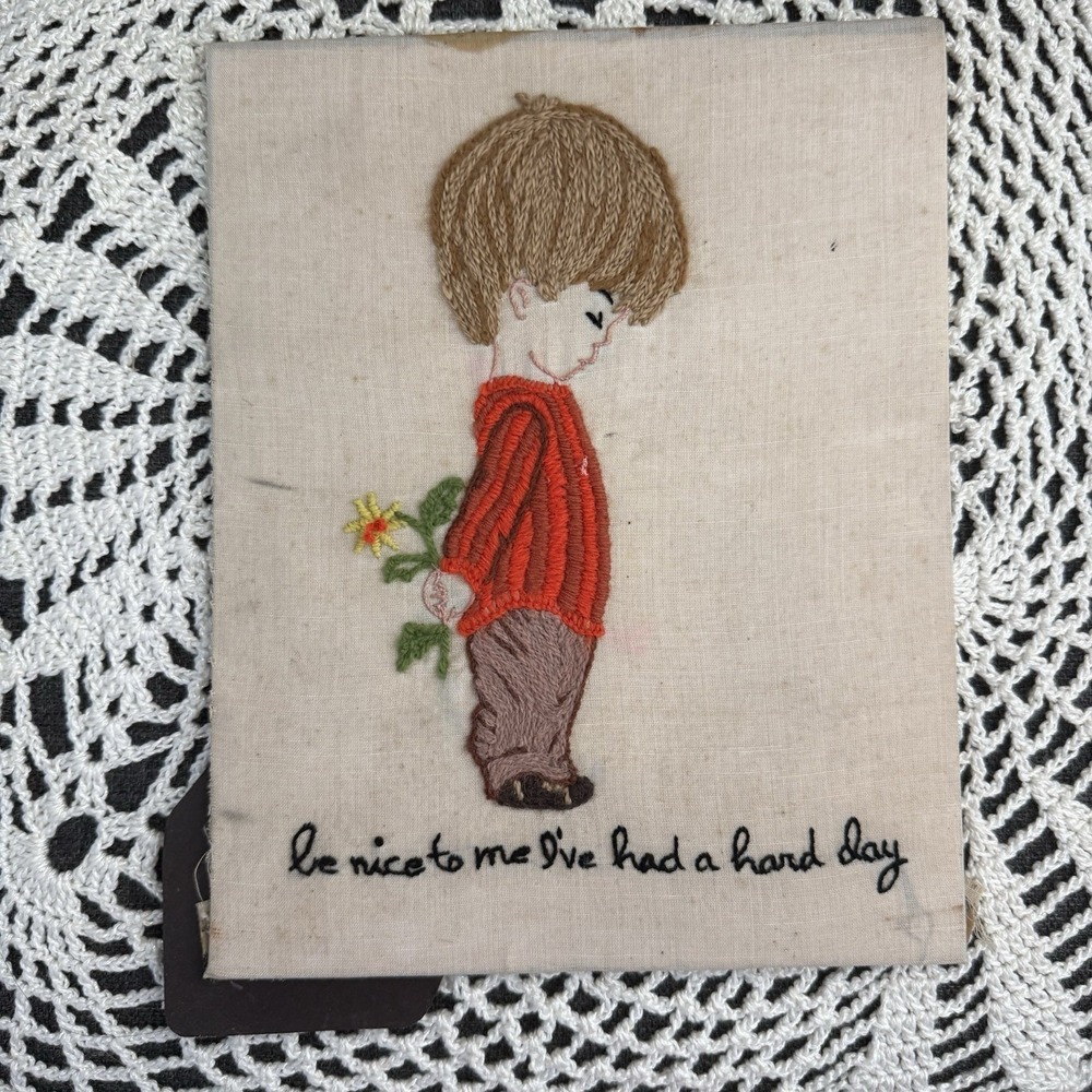 Vntg Moppets Needlepoint  Picture "Be Nice to me, I've had a hard day"